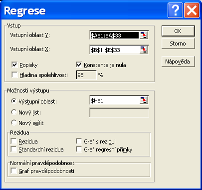 Jaroslav Ramík, Statstka 07 Nástroje Analýza dat... Regrese Data uložíme ve worksheetu v pol s adresou a:e33 (vz níže), zadávací okno vyplníme takto: Všmněte s, že jsme zaklkl položku Konstanta je nula.