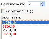 Okno Formát buněk Nejprve zvolíme Druh údaje a následně zvolíme styl, který nám vyhovuje. Například pro Druh Číslo máme na výběr několik možností jak zobrazovat záporné hodnoty.