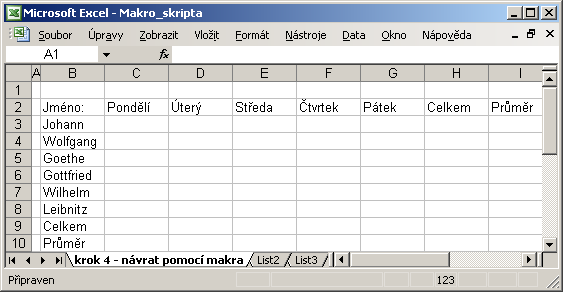 Obr. 63 Úkol: Sestavte vlastní makro vázané na tabulku, která bude řešit výpočet ceny zboţí podle počtu zakoupených kusů. Uţivatel vyplní prázdnou tabulku počty kusů a druhem zboţí.