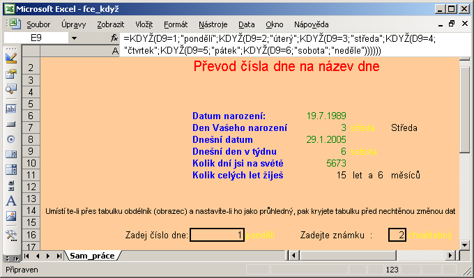 Buňky, v nichţ jsou data uvedena, musí mít zaveden datový formát, kterého dosáhneme Formát Buňky Datum. Viz obr. 74 Odečteme-li dvě buňky tohoto formátu, získáme počet dní mezi dvěma daty. Obr.