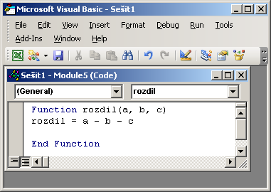 Speciální funkce definované pomocí jazyka Visual Basic Přestoţe MS Excel disponuje velkým mnoţstvím funkcí, umoţňuje tvůrce programu zdatnějšímu uţivateli, aby si definoval funkci vlastní.