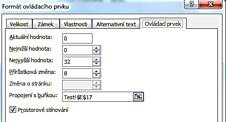 F O R M U L Á Ř E Dále na každém tomto přepínači stiskněte pravé tlačítko myši, zvolte Formát ovládacího prvku a na záložce Ovládací prvek klikněte na barevné tlačítko v řádku Propojení s buňkou,