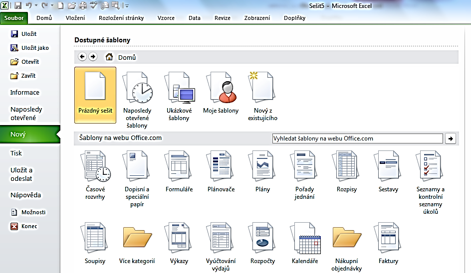 P R Á C E S E S O U B O R Y Vytvoření nového prázdného sešitu V kartě Soubor zvolte Nový a v Dostupných šablonách vyberte Prázdný sešit nebo použijte klávesovou zkratku CTRL+N nebo tlačítko Nový v
