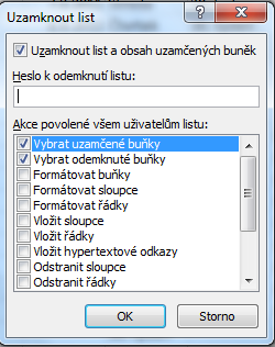 PŘÍKLAD P R Á C E S L I S T Y V následujícím dialogovém okně zvolíte heslo a především nastavíte akce, které mohou ostatní uživatelé s listem provádět. Po potvrzení budete požádáni o zopakování hesla.