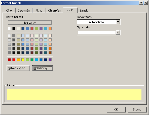 Excel úkol 01 úvod formát buňky Na kartě Písmo si nastavíte v sekci Řez písma, volbu Tučné a kartě Výplň nastavíte barvu pozadí světle žlutá. Nastavení barvy pozadí, viz Obrázek 13.