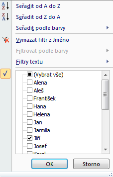 Excel úkol 06 třídění, filtry Obrázek 68 Nabídka pro nastavení filtru V nabídce nejprve levým tlačítkem myši klikněte na položku Vybrat vše.
