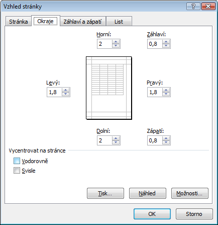 Excel úkol 09 tisk, záhlaví, zápatí, vzhled a v podnabídce Náhled a dostanete dialogové okno Vzhled stránky se čtyřmi kartami. Vyberete si kartu Okraje, viz Obrázek 87.