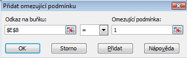 Excel úkol 10 analýza dat, hledání řešení řešitel, atd. Obrázek 104 Dialogové okno Doplňky To provedete tak, že levým tlačítkem myši kliknete do čtverečku před položkou Řešitel.