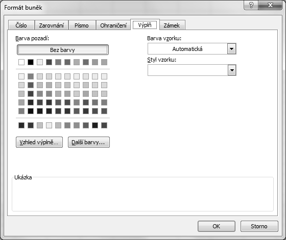 Pozadí buňky Každou buňku můžete vyplnit barvou nebo šrafováním. Výplň bude tvořit pozadí buňky. Při vložení pozadí (výplně) buněk postupujte například takto: 1.