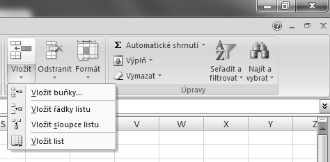 1.3.8 Operace se sloupci a řádky tabulky Vložení řádku, sloupce, bloku buněk a listů tabulky Pomocí této funkce můžete vložit řádek nebo sloupec na pozici kurzoru a tím rozšířit vytvářenou tabulku.