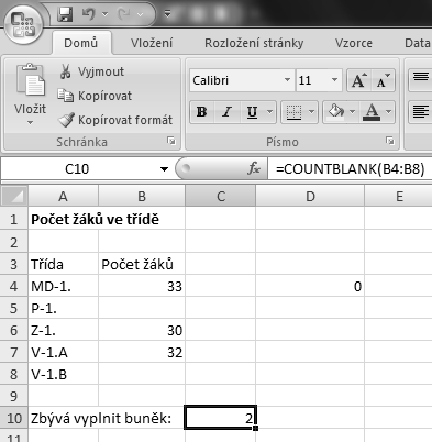 COUNTBLANK - sečte počet buněk, které jsou v dané oblasti prázdné. MAX - vrátí maximální hodnotu z dané oblasti. MIN - vrátí maximální hodnotu z dané oblasti.