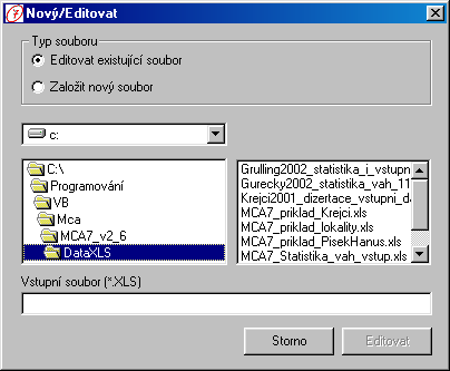 5 2. spustíme program MCA7 a několikerým kliknutím myši necháme program otevřít tabulkový procesor MS Excel a vytvořit šablonu vstupního datového souboru, kterou jenom vyplníme našimi hodnotami V