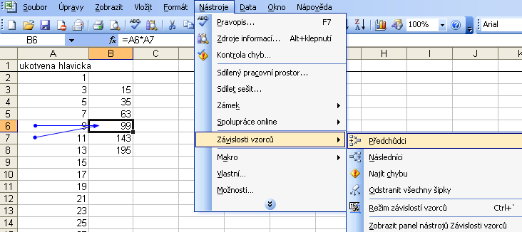 15 Vazby mezi buňkami Pro případ vizuální kontroly návaznosti buněk (zejména při výpočtem když potřebujete rychle odhalit, která buňka do které vstupuje a kam potom data pokračují) můžete použít tzv.