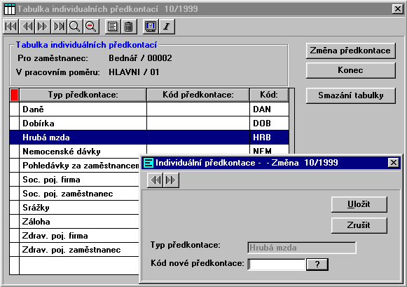 Na klávesu ENTER dostanete k danému poměru jeho tabulku individuálních kódů předkontací. Tabulka obsahuje řádky s jednotlivými typy předkontací, jako jsou např.