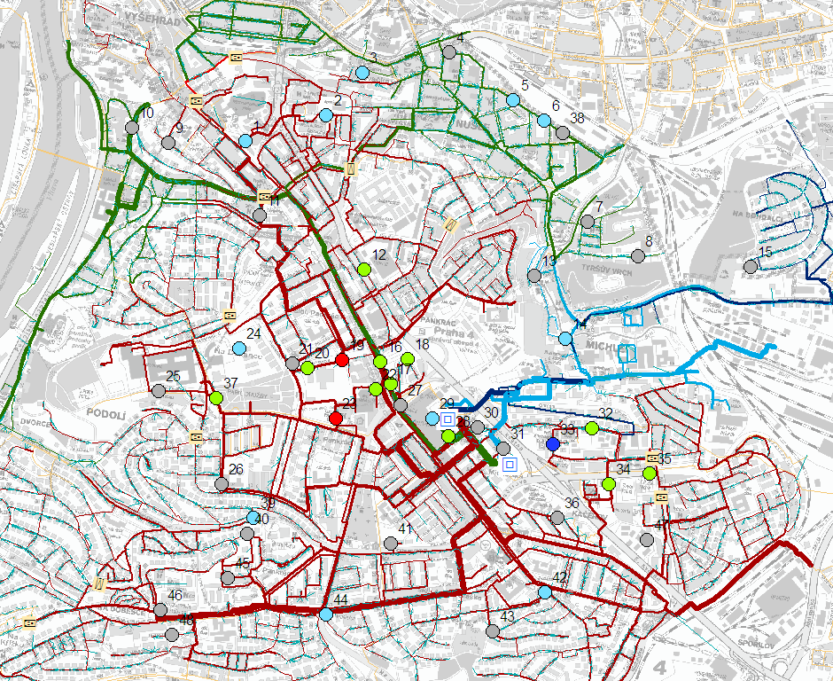 Obr. 6 Mapka vodovodní sítě s vyznačenými novými odběry