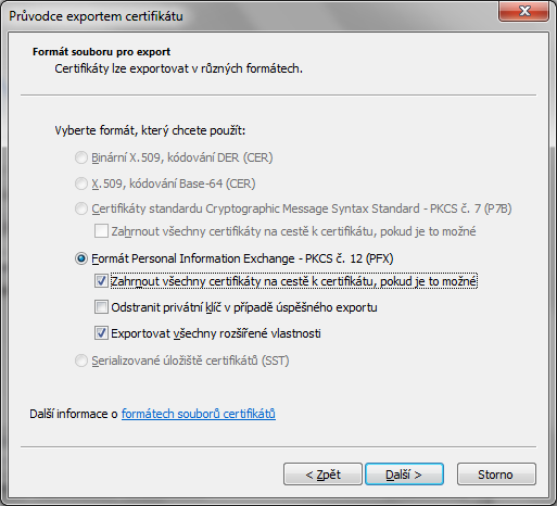 Obrázek 8: Výběr certifikátu k exportu Obrázek 7: Správa certifikátů v MS Internet Exploreru Obrázek 9: Volba exportu soukromého klíče pokud vám tato možnost není nabídnuta, byl certifikát