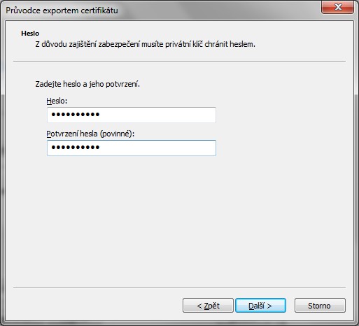 Obrázek 11: Certifikát s exportovaným soukromým klíčem je nutno chránit bezpečným heslem Obrázek 12: V předposledním kroku nastavte umístění a název exportovaného certifikátu Obrázek 13: V závěrečném