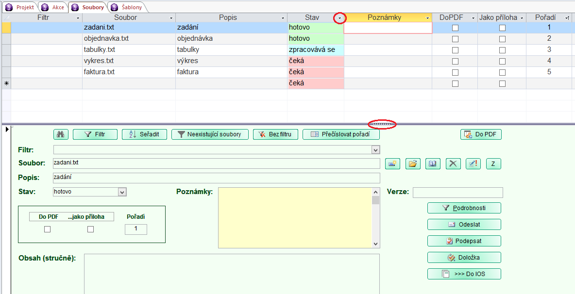 3/ Karta (záložka) Soubory Jednotlivé soubory si lze zapsat do přehledu a dát k nim popis nebo stručný výcuc.
