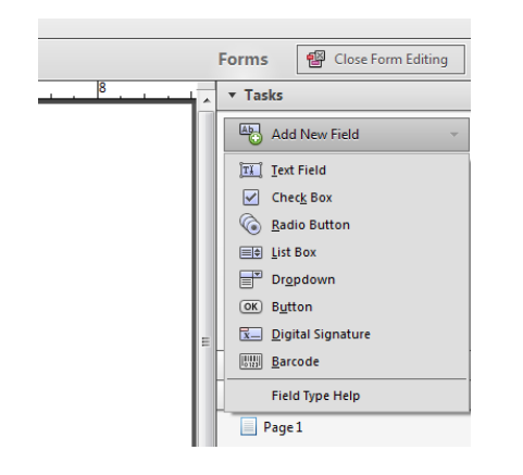 KAPITOLA 2. REŠERŠE 8 Obrázek 2.2: Ukázka nabídky pro práci s formulář v Adobe Acrobat XI 2.1.