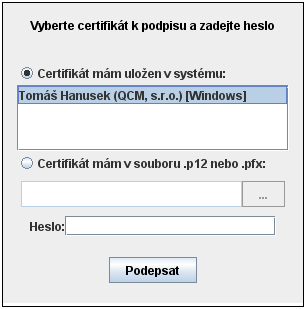 Jestliže máte certifikáty nainstalovány v systému, objeví se jejich seznam v boxu appletu pod přepínačem Certifikát mám uložen v systému. Tato funkce je podporována až s Javou verze 1.6.