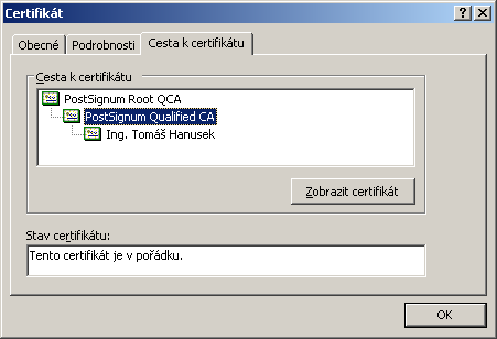 Obrázek 16: Informace, že certifikát má odpovídající soukromý klíč, MS Internet Explorer Obrázek 17: Detail certifikátu s úplnou cestou k certifikátu, MS Internet Explorer Obrázek 18: Neúplná