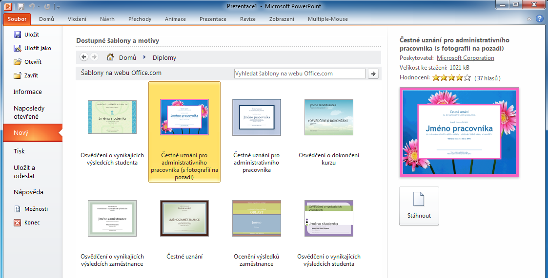 3.2. Stažení a otevření šablon Pro uživatele aplikace PowerPoint společnost Microsoft připravila stovky ihned dostupných šablon ke stažení a okamžitému použití.