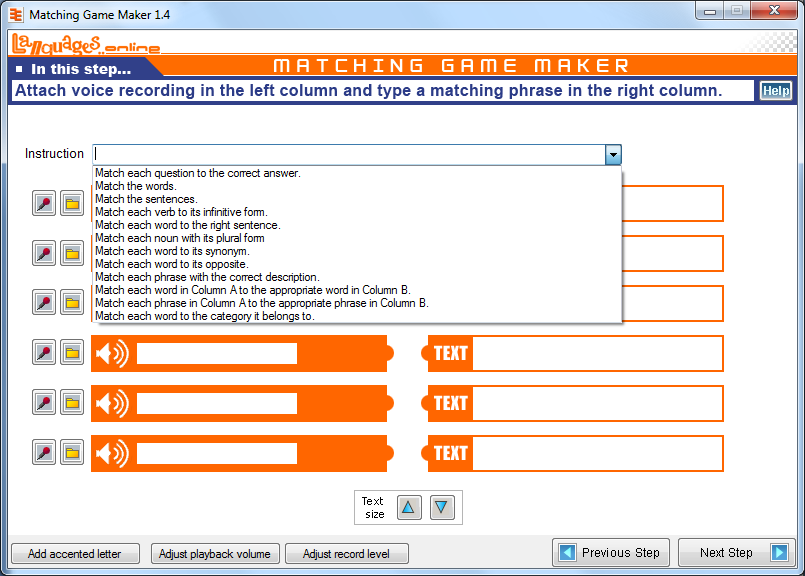 MATCHING GAME MAKER Na této obrazovce si vybíráte, zda budete vytvářet nové otázky nebo upravovat již vytvořené.