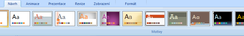 3. Návrh snímku Návrh snímku jinak také uváděno rychlá změna snímku je možná přes kartu Návrh ve skupině Motivy. Klepnutím změníte vzhled celé prezentace, tj.