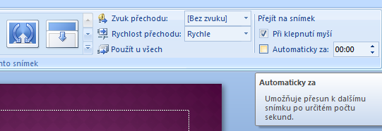 4. Animace snímků Nastavení přechodu snímku Přepněte se na pás karet Animace. Zde v záložce Přechod na tento snímek jsou zobrazeny jednotlivé efekty, které je možné při přechodu použít.