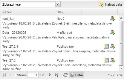 Záznamy vytvořené na geoportálu - v tabulce jsou uvedeny černým písmem a v pravé části tabulky obsahují ikony pro jejich úpravu.