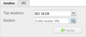 Import ze souboru XML Pro import z existujícího souboru XML je nutné vybrat typ souboru "ISO 19139" nebo "ESRI ISO metadata" a v poli "Soubor" vybrat na disku příslušný XML soubor.