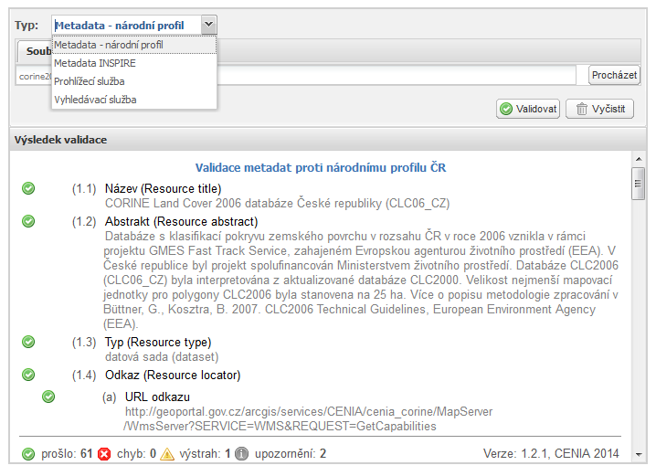 Kliknutím na tlačítko "Validace", které je umístěno pod formulářem editoru, je nad formulář editoru metadat předsazen report o validaci aktuálně naplněného formuláře.