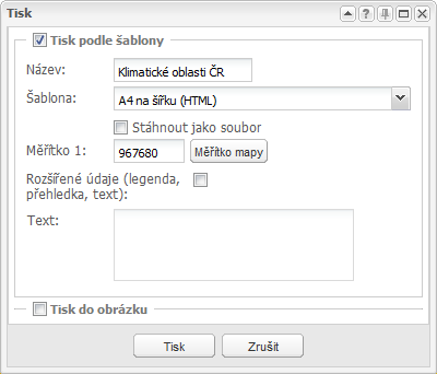 5.1.6. Tisk Pomocí tlačítka kde lze vybrat: lze vytisknou aktuální mapovou kompozici. Je otevřeno dialogové okno, Tisk do obrázku: Uživatel zadá parametry tisku: 1. formát obrázku (PNG, JPEG, GIF,.