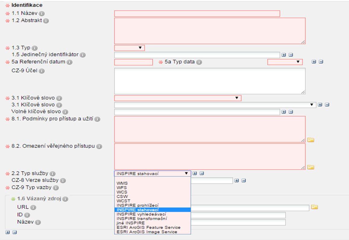 Jako typ služby je třeba zvolit službu INSPIRE stahovací. URL s odkazem na data nebo i s více odkazy na data jsou vloženy do položky metadat Distribuce > Odkaz (č. 1.4).