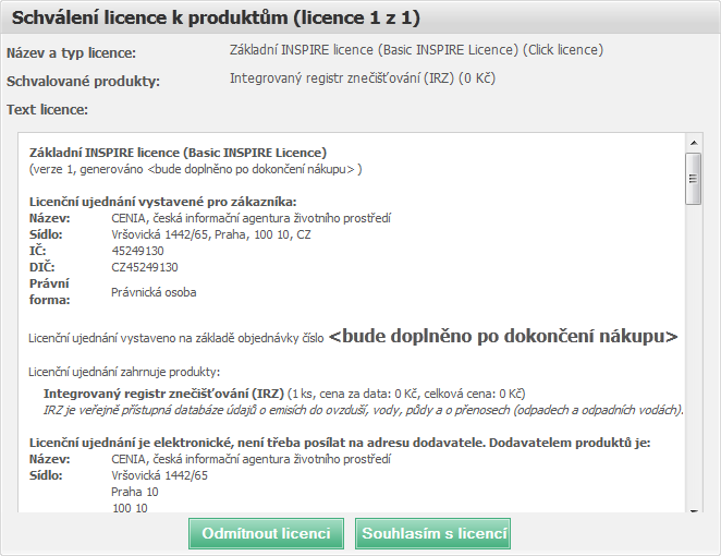 Kliknutím na "Pokračovat" je zobrazen krok 3. 8.2.3. Krok 3 Schválení licence Ve třetím kroku je zobrazeno znění licence, pod kterou je produkt nabízen.