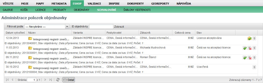 8.6. Schvalování Pro registrované uživatele v roli poskytovatel dat nabízí geoportál spravovat schvalování jednotlivých položek objednávky v menu ESHOP - SCHVALOVÁNÍ.