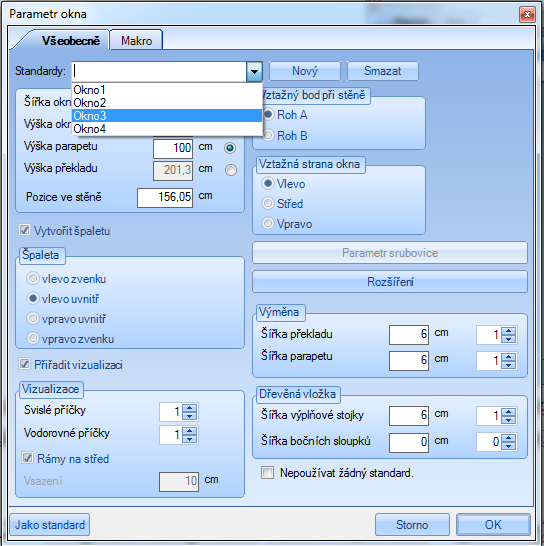 Při vytváření oken, je možné nastavit počet příček. Stejně tak je u oken i dveří možné nastavit vsazení okna k vnější hraně stěny. 2.