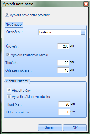 2 NOVINKY 2.1 SEKTOR A 2.1.1 Vytvoření nového patra při spuštění střešního asistenta Při spuštění střešního asistenta se otevře dialog, ve kterém je možné vytvořit nové patro pro krov.