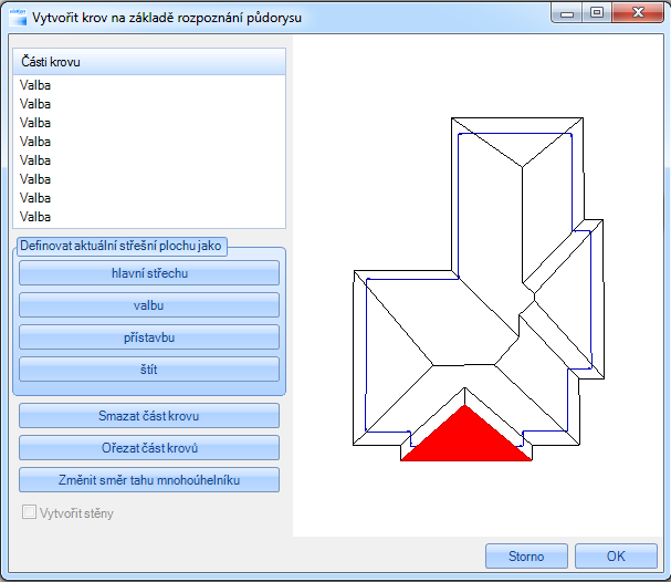 Poté je možné zvolit požadovaný typ. Pakliže jsou dvě protilehlé střešní plochy označeny, zvolí se hlavní střešní plocha.