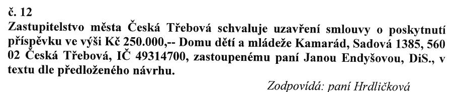 PŘÍLOHA Č. 9: USNESENÍ ZASTUPITELSTVA MĚSTA ČESKÉ TŘEBOVÉ O POSKYTNUTÍ FINANČNÍCH PŘÍSPĚVKŮ Z ROZPOČTU MĚSTA V ROCE 2010 Zdroj: Usnesení Zastupitelstva města rok 2010.