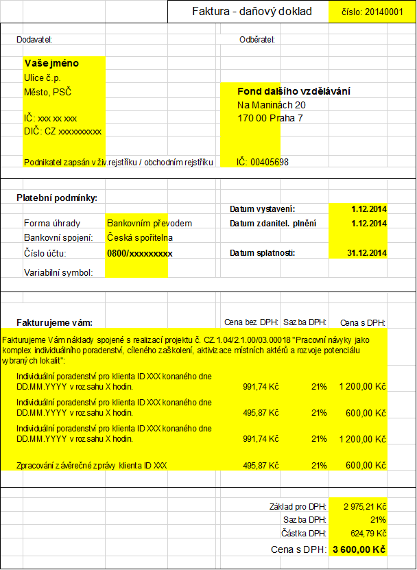 Vzor pro plátce DPH (žlutě označené