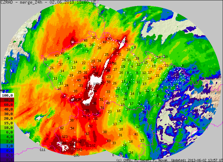 6.3. Radarové mapy srážek (zdroj - prezentace ČHMÚ dne 25.7.2013 na MHMP) Obr. č. 1 Denní srážky za sobotu 1.