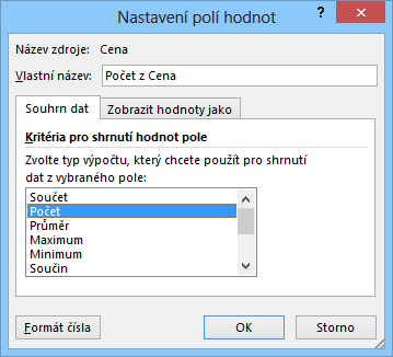 6 Karta Data 107 OBR. 6-7: NASTAVENÍ POLÍ HODNOT Kopírování kontingenční tabulky Filtr Kontingenční tabulka nyní zobrazuje počet prodaných programů v jednotlivých dnech.