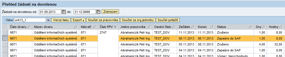 - zvolíme Jiné období - zadáme období měsíce, do kterého spadá termín dovolené s chybou Provedení reportu spustíme pomocí tlačítka Provedení. Po nějaké době bychom měli obdrţet seznam chyb.