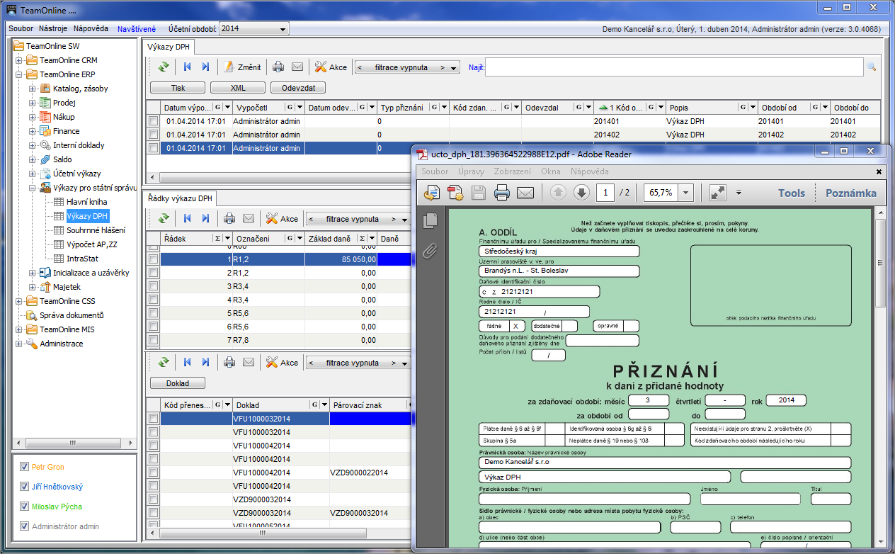 VÝSTUPY Systém TeamOnline obsahuje veškeré standardní výkazy pro státní správu a to přehledně zpracované, archivované s uloženou historií jejich zpracování a informací o odeslání elektronickou formou.