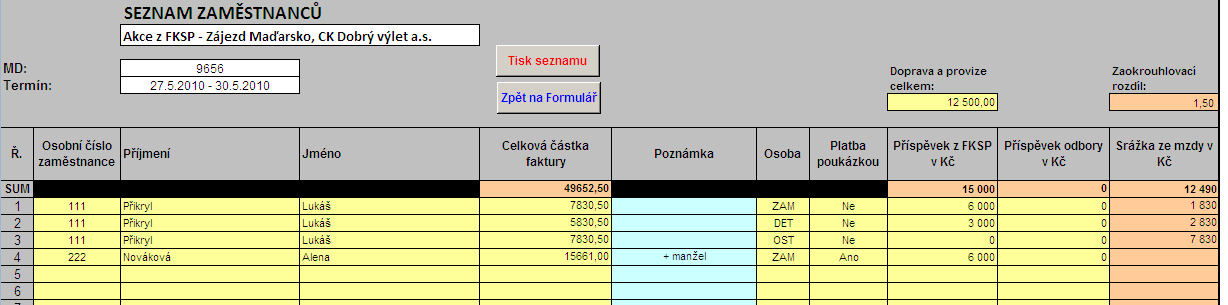 3.1.2. Vyplnění a tisk seznamu zaměstnanců Současně s uložením souboru se zobrazí list Seznam, list Formulář se skryje.