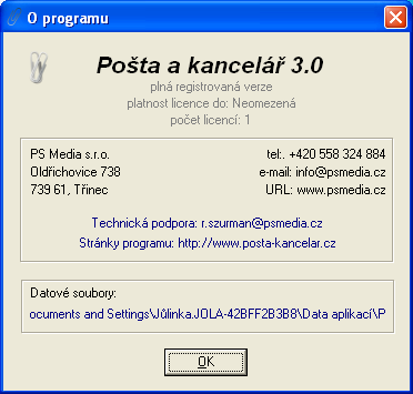 Kompletní záloha programu Toto se Vám bude hodit například při reinstalaci počítače. Program a veškeré data si můžete uložit a vypálit na CD. V menu si zvolte položku Nápověda >> O programu.