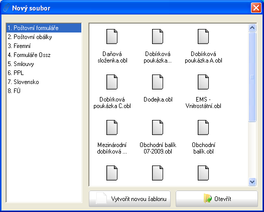 Vyplňování formuláře Kliknete-li v menu na položku "Soubor >> Nový", zobrazí se Vám výběr již hotových formulářů. Vlevo program nabízí kategorie formulářů jako např.