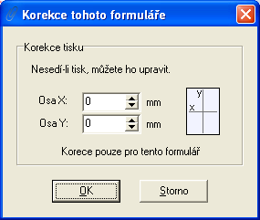 Pokud máte problémy s tiskem, kde kolonky nesedí správně, klikněte na tlačítko "Vytiskni zkušební stránku", program vytiskne kříž na papír A4 který poté přeložíte a změříte odchylku kříže od středu