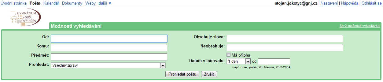 Obrázek 41 - Hledání v Gmailu Kliknutím na tlačítko Zobrazit možnosti vyhledávání se zobrazí podrobné nastavení, pomocí kterého máte možnost prohledat e-maily podle kritérií, které vidíte níže na